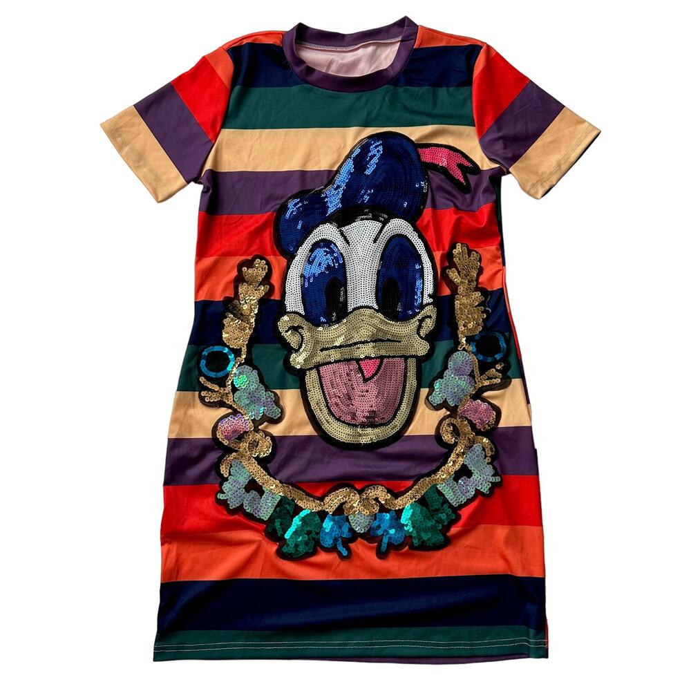 Donald Duck‎ Sequin Shiny Rainbow Striped Stretch Short Sleeve T Shirt Dress M